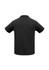 A black short sleeve polo shirt with a simple design and a logo on the back.