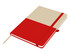A A5 notebook featuring a red and cream cover, with a ribbon bookmark and an elastic band closure.