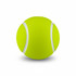 A bright yellow tennis ball featuring white stripes and a smooth surface, with a logo displayed.