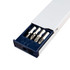 A screw driver tape measure in white and navy, featuring a compartment with four metal bits.