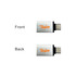 A USB data blocker with a silver casing and orange branding, displayed from the front and back.
