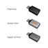 Three USB data blockers in black and silver, featuring various custom printing options on their surfaces.