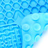 A blue, three-section silicone lick mat with varied textured patterns including honeycomb, bones, and rounded dots.