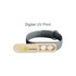 A wristband in grey and beige with a logo and two buttons on the clasp.