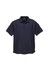 A navy blue short sleeve polo shirt with a collar and a logo, featuring a micro waffle texture.