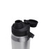 A drink bottle featuring a stainless steel body with a black cap and spout, including a logo on the side.
