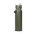 A drink bottle in olive green with a flip straw lid and a handle, featuring a logo on the side.