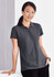 A dark grey polo shirt for ladies, featuring a collar and button placket, displayed on a smiling model.