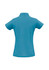 A blue ladies' polo shirt featuring a classic collar and short sleeves, including a logo.