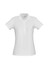 A white ladies' polo shirt with a classic collar and five-button placket, featuring a logo on the fabric.