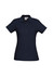 A navy polo shirt for women featuring a collar and button placket, with a logo on the chest area.
