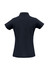 A short-sleeved polo shirt in navy blue with a collar and a logo. The back view showcases its sleek design.