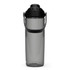 A drink bottle with a grey translucent body and a black lid, featuring a carry handle and a logo.