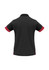 A black women's polo shirt with red accents on the sleeves, featuring a collar and a logo.