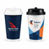 A double-walled paper cup set featuring a navy blue cup with a logo and a black lid, and a white cup with an abstract design.