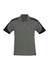A grey short sleeve polo shirt with black accents and a logo on the chest area.