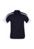 A short sleeve polo shirt featuring a navy body with white accents and a logo.