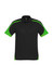 A black polo shirt with green accents on the sleeves and sides, featuring a logo.