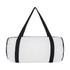 A white duffle bag with black straps and a zip closure, featuring a logo on the side.