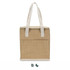 A tan cooler bag with white handles and a zip top, featuring a front pocket and a logo.
