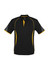 A black polo shirt with yellow accents and short sleeves, featuring a logo on the chest.
