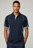 A navy short sleeve polo shirt with aqua accents and a logo, featuring mesh panels on the shoulders.
