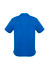 A blue short sleeve polo shirt featuring a logo and stylish back design.