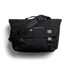 A black satchel bag with a shoulder strap and a logo, featuring front clasps and a flap cover.