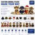 A 20cm custom animal plush toy display featuring various styles and accessories in multiple colours, with a logo present.