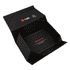 A small black gift box with red accents and an internal greeting message. It features a logo and a ribbon.