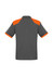 A grey short sleeve polo shirt with orange accents, featuring a logo on the chest area.
