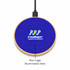A wireless charger in blue with a wooden base and a logo area that lights up.