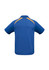 A blue polo shirt with short sleeves and yellow accents, featuring a logo on the back.