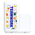 A white wireless charger with colourful abstract designs and the word "TEAMWORK" prominently displayed.