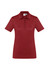 A women's short sleeve polo shirt in a rich burgundy colour, featuring a collar and buttons, with a logo on the front.