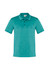 A turquoise short sleeve polo shirt with a collar and a logo on the chest.