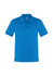 A short sleeve polo shirt in vibrant blue with a collar and three buttons, featuring a logo.