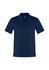 A navy blue short sleeve polo shirt featuring a collar and buttons, with a logo on the upper side.