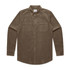 A brown cord shirt with long sleeves and two front pockets, featuring a collar and a logo label.