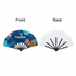 A plastic hand fan featuring a colourful front design with blue and vibrant patterns and a plain white back.