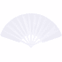 A plastic hand fan in white, featuring multiple panels and a central grip. The fan is fully extended.