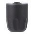 A drink bottle in matte black with a clear lid, featuring a logo on the side. The design is sleek and modern.