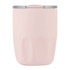 A drink bottle in soft pink with a clear lid, featuring a smooth finish and a branding logo on the surface.