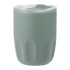 A drink bottle in soft green with a clear lid, featuring a curved design and a logo on its surface.