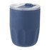 A drink bottle featuring a dark blue finish and a clear lid, with a smooth ceramic liner and a branding logo.