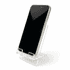 A clear acrylic phone stand displaying a smartphone in an upright position.