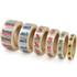 A series of transparent packaging tape rolls in various widths, featuring different logos and branding on a white background.