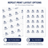 Custom printed paper in white, featuring a pattern of logos in blue. Sizes of 50cm x 70cm are displayed.