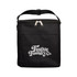 A black insulated cooler bag with a zip closure and a front pocket. Features a logo on the front.