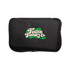 A black pouch with a logo on the front, featuring a zip closure and a compact design.